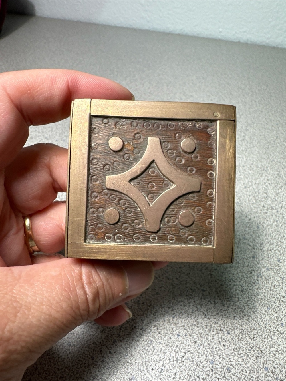 VTG Handmade Wood And Brass 2X2 Square Trinket Box India